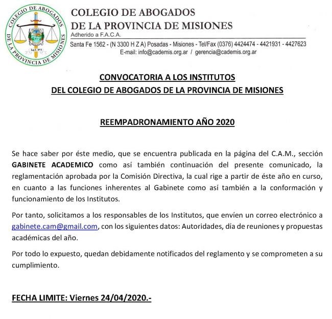 Convocatoria a los Institutos - Reempadronamiento Año 2020
