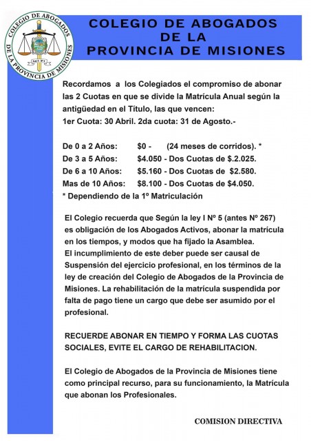 Vencimientos de la Matricula Anual